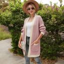 Pink Large Open Front Knit Cardigan with Contrast Trim and Pockets