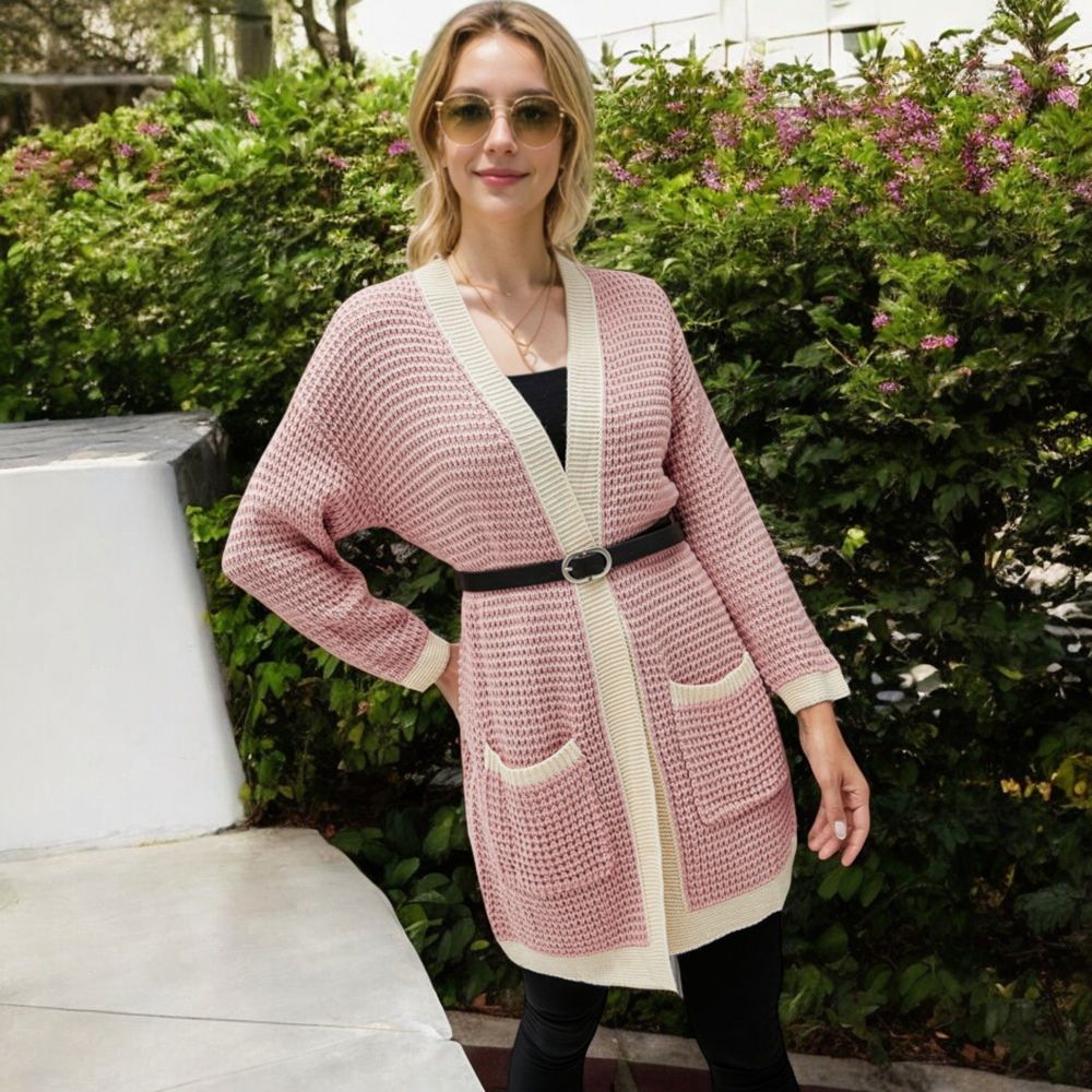 Open Front Knit Cardigan with Contrast Trim and Pockets