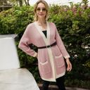 Pink Large Open Front Knit Cardigan with Contrast Trim and Pockets