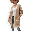 Beige Large Open Front Knit Cardigan with Contrast Trim and Pockets