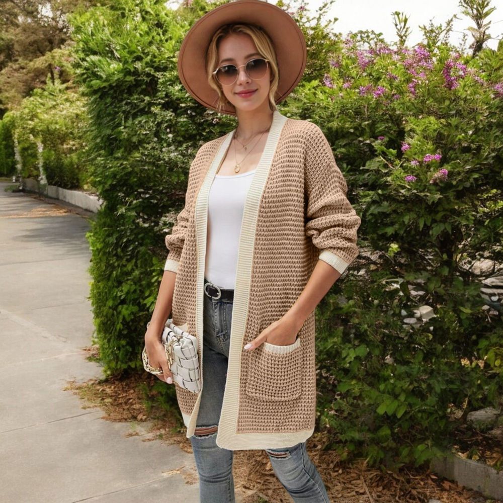 Open Front Knit Cardigan with Contrast Trim and Pockets