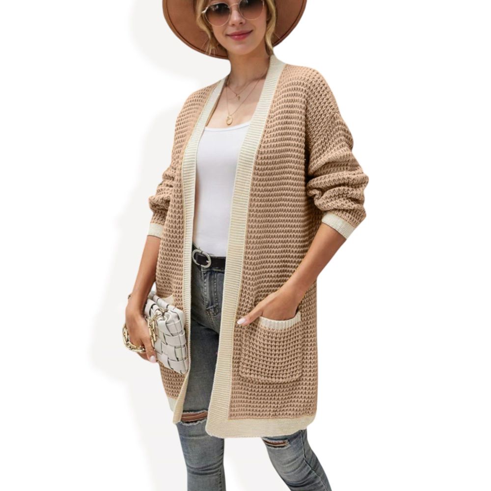 Open Front Knit Cardigan with Contrast Trim and Pockets