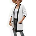 White Large Open Front Knit Cardigan with Contrast Trim and Pockets