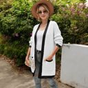 White Large Open Front Knit Cardigan with Contrast Trim and Pockets