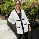 White Large Open Front Knit Cardigan with Contrast Trim and Pockets