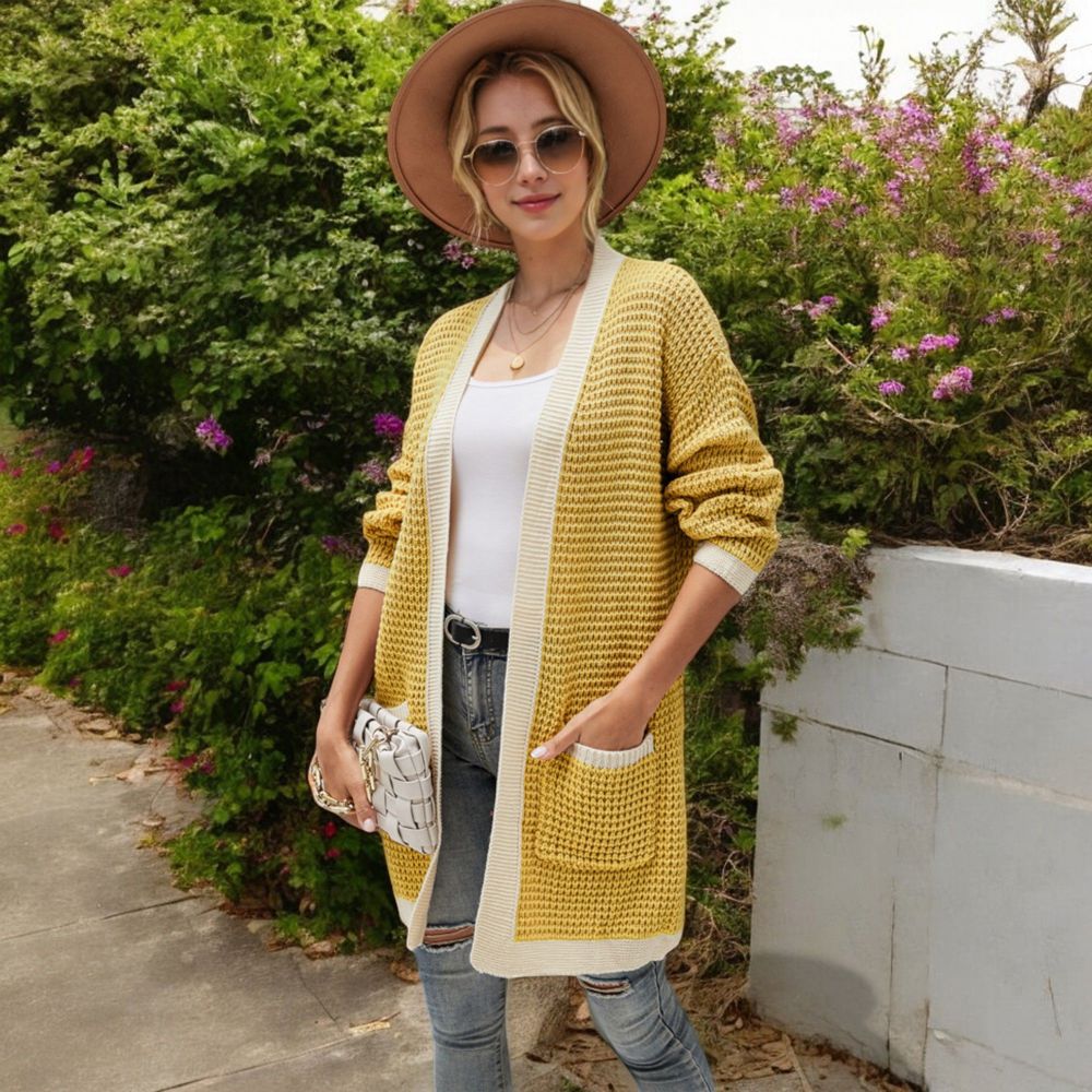 Open Front Knit Cardigan with Contrast Trim and Pockets