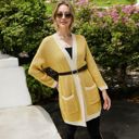 Yellow Large Open Front Knit Cardigan with Contrast Trim and Pockets