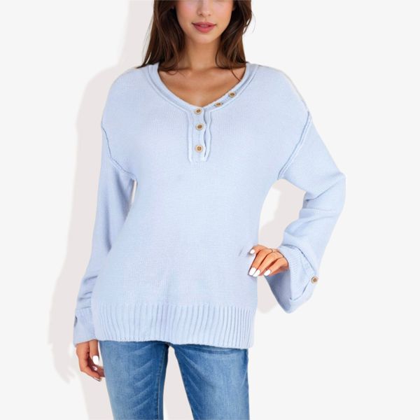 Long Sleeve V-Neck Henley Knit Sweater with Button Details