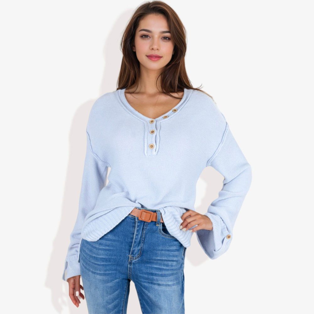 Long Sleeve V-Neck Henley Knit Sweater with Button Details