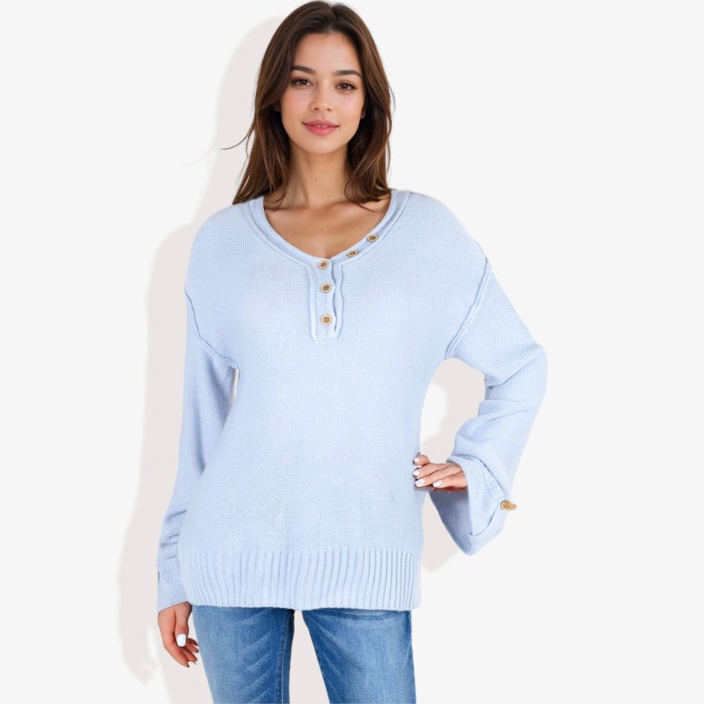 Long Sleeve V-Neck Henley Knit Sweater with Button Details