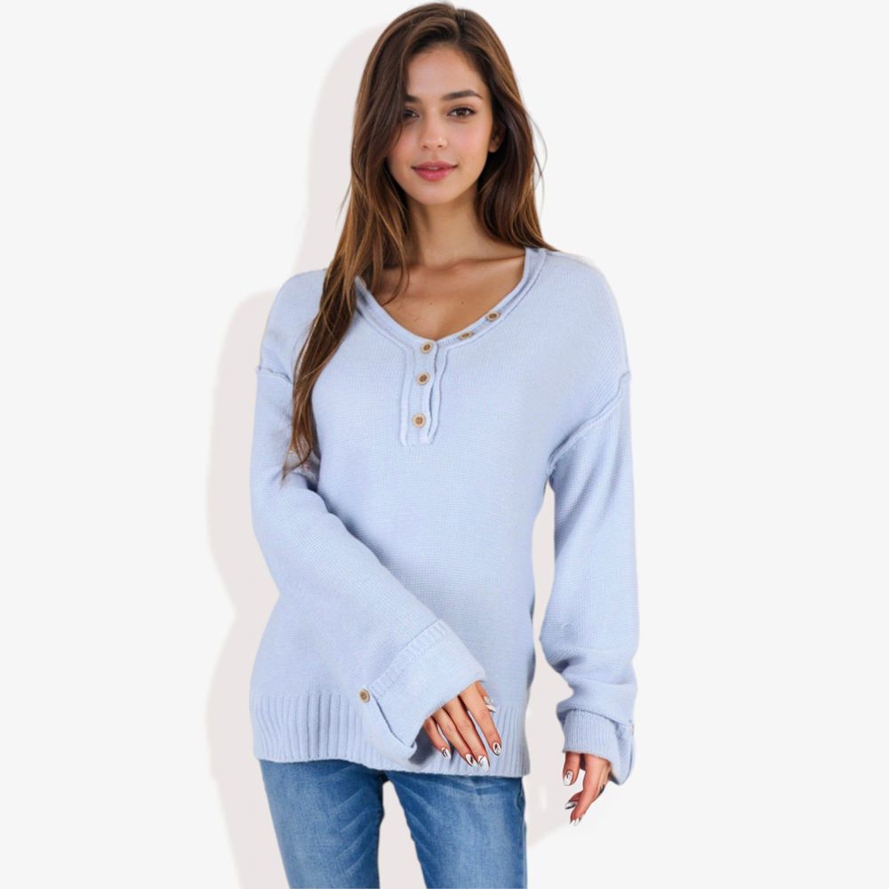 Long Sleeve V-Neck Henley Knit Sweater with Button Details