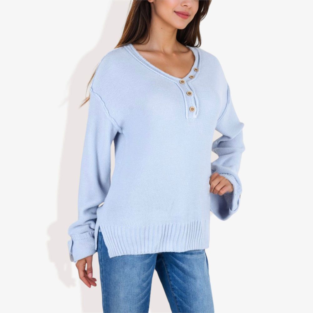 Long Sleeve V-Neck Henley Knit Sweater with Button Details