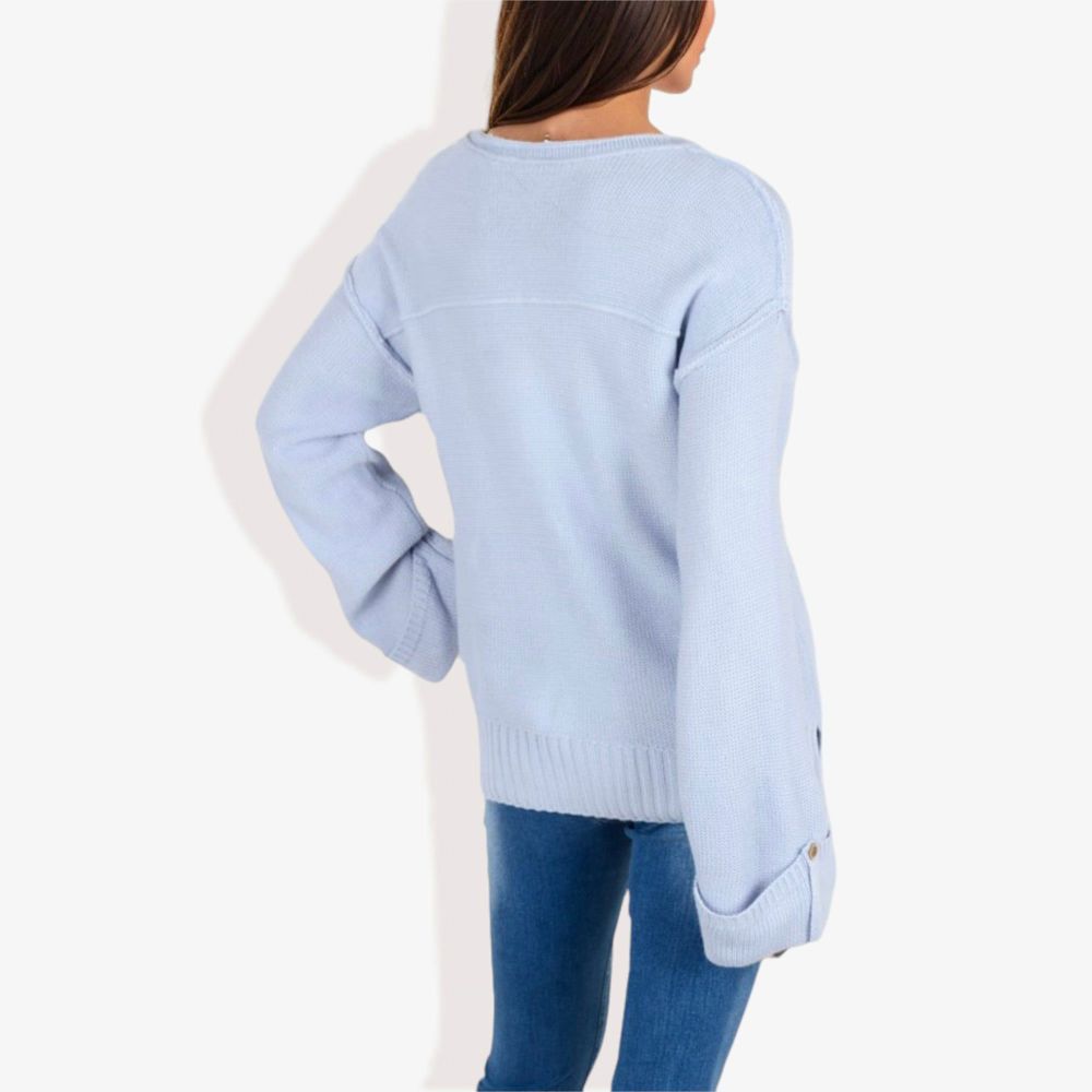 Long Sleeve V-Neck Henley Knit Sweater with Button Details