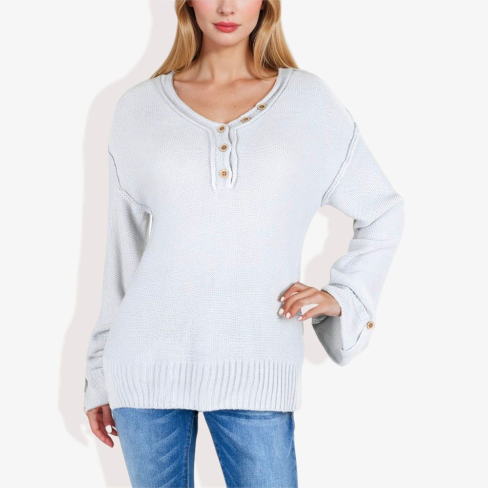 Long Sleeve V-Neck Henley Knit Sweater with Button Details