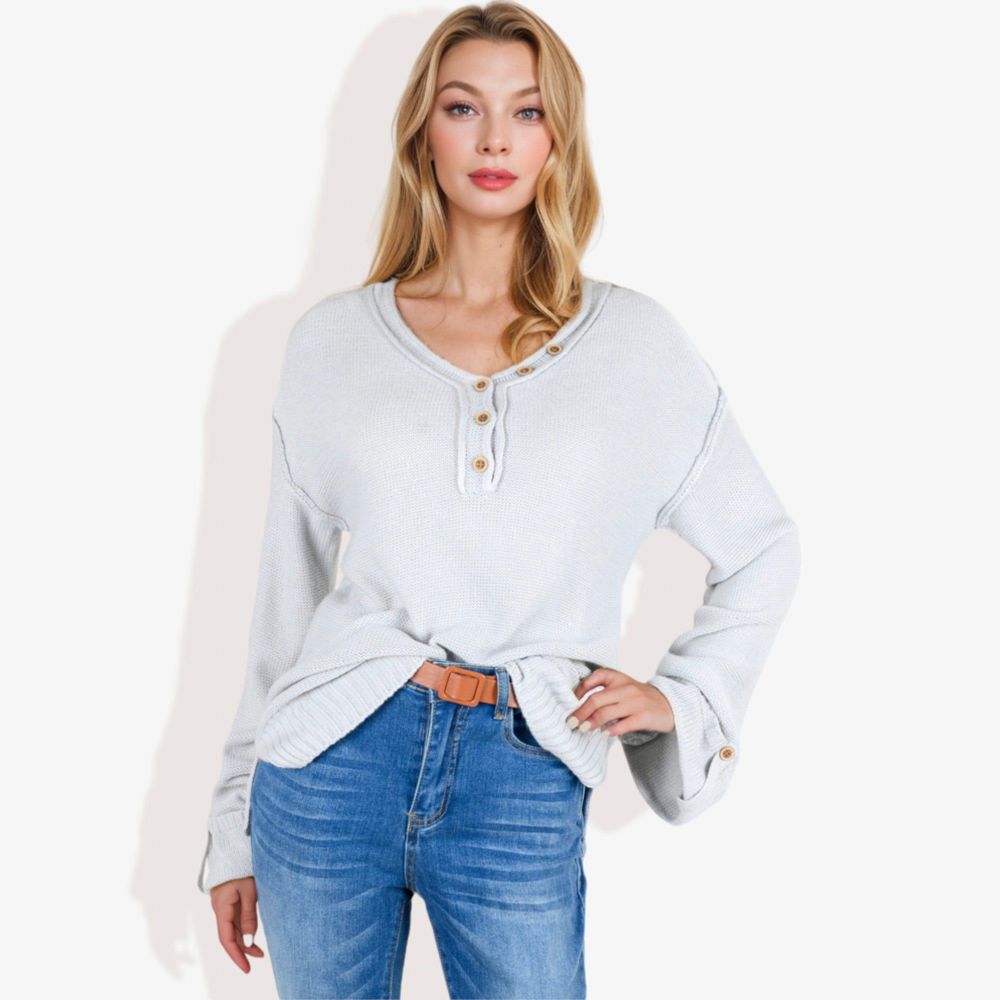 Long Sleeve V-Neck Henley Knit Sweater with Button Details