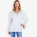 Gray Medium Long Sleeve V-Neck Henley Knit Sweater with Button Details