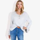 Gray Small Long Sleeve V-Neck Henley Knit Sweater with Button Details