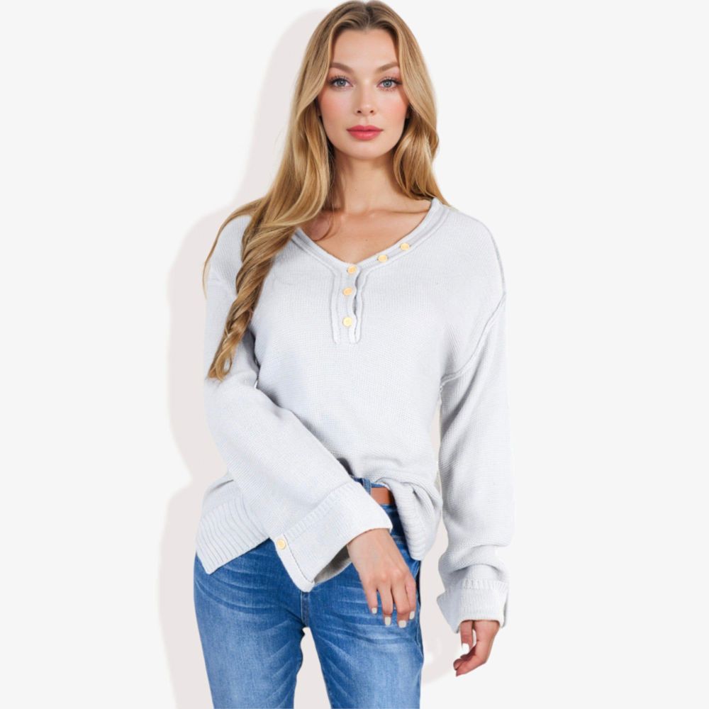 Long Sleeve V-Neck Henley Knit Sweater with Button Details