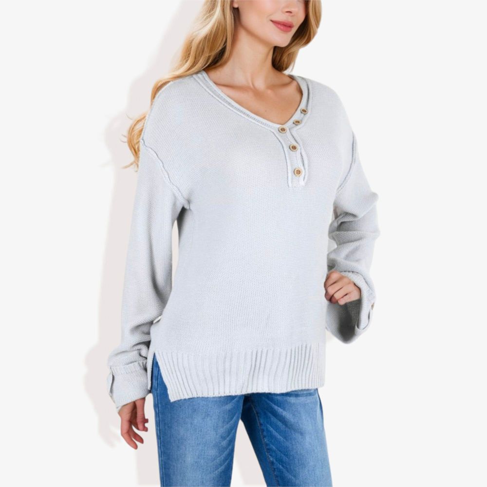 Long Sleeve V-Neck Henley Knit Sweater with Button Details