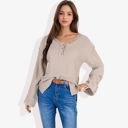 Beige Large Long Sleeve V-Neck Henley Knit Sweater with Button Details