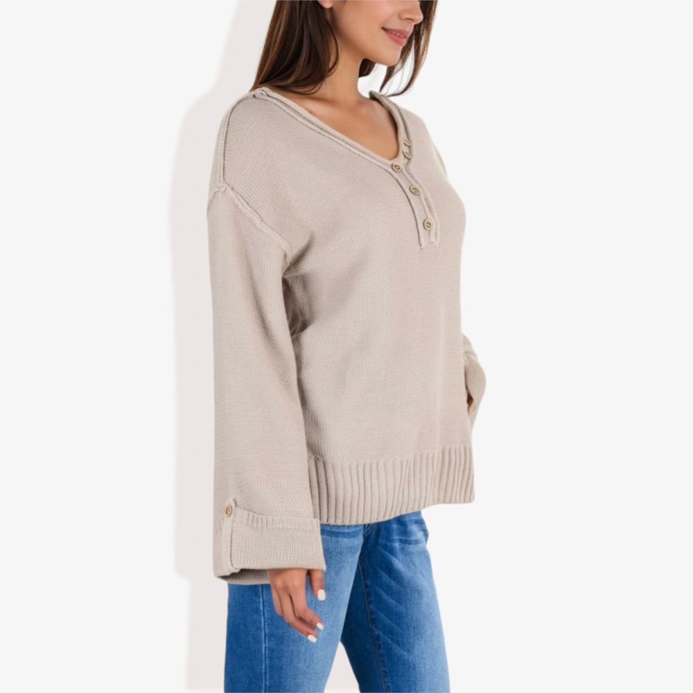 Long Sleeve V-Neck Henley Knit Sweater with Button Details