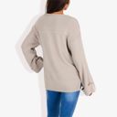 Beige Large Long Sleeve V-Neck Henley Knit Sweater with Button Details