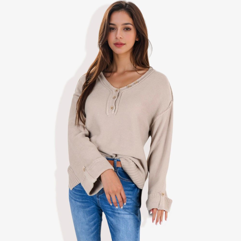 Long Sleeve V-Neck Henley Knit Sweater with Button Details