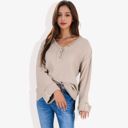 Beige Large Long Sleeve V-Neck Henley Knit Sweater with Button Details