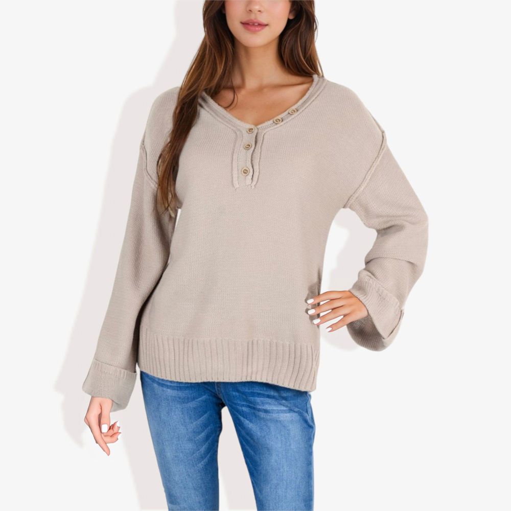 Long Sleeve V-Neck Henley Knit Sweater with Button Details