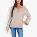 Beige Medium Long Sleeve V-Neck Henley Knit Sweater with Button Details