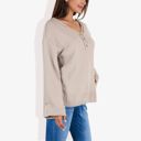 Beige Small Long Sleeve V-Neck Henley Knit Sweater with Button Details