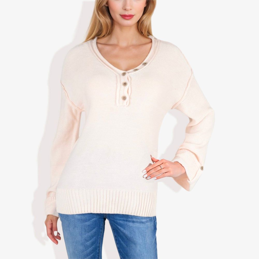 Long Sleeve V-Neck Henley Knit Sweater with Button Details