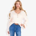 Beige Large Long Sleeve V-Neck Henley Knit Sweater with Button Details