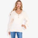 Beige Large Long Sleeve V-Neck Henley Knit Sweater with Button Details