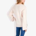 Beige Large Long Sleeve V-Neck Henley Knit Sweater with Button Details