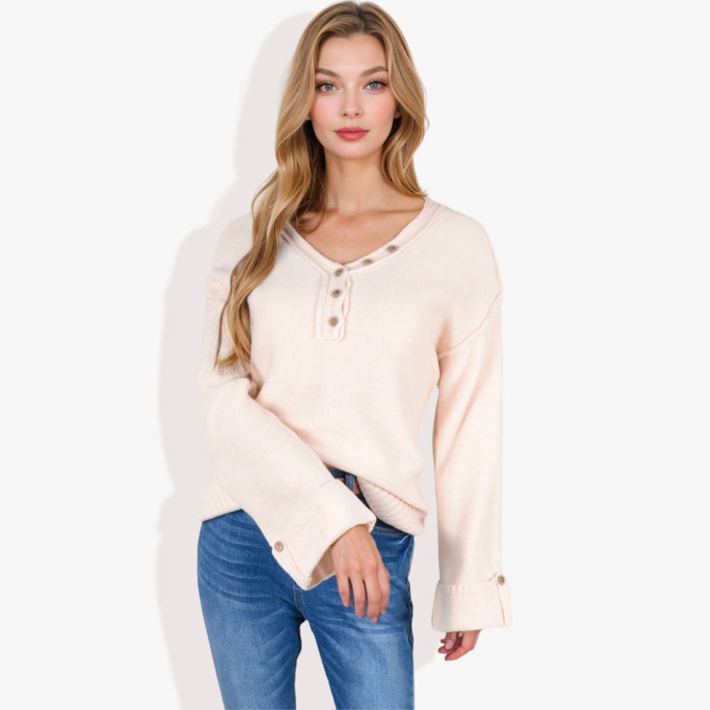 Long Sleeve V-Neck Henley Knit Sweater with Button Details