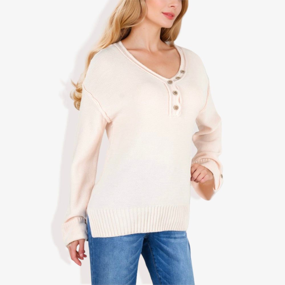 Long Sleeve V-Neck Henley Knit Sweater with Button Details