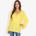 Yellow Large Long Sleeve V-Neck Henley Knit Sweater with Button Details