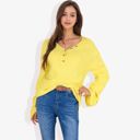 Yellow Small Long Sleeve V-Neck Henley Knit Sweater with Button Details