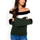  Off-Shoulder Ribbed Knit Sweater with Color Block Design and Flared Sleeves