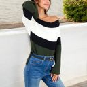  Off-Shoulder Ribbed Knit Sweater with Color Block Design and Flared Sleeves