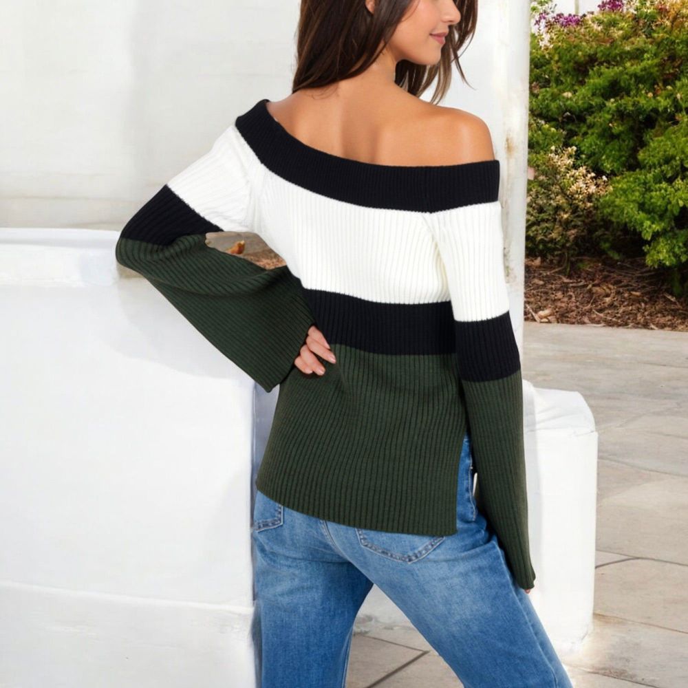 Off-Shoulder Ribbed Knit Sweater with Color Block Design and Flared Sleeves