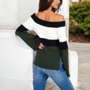  Off-Shoulder Ribbed Knit Sweater with Color Block Design and Flared Sleeves