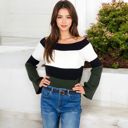  Off-Shoulder Ribbed Knit Sweater with Color Block Design and Flared Sleeves