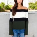  Off-Shoulder Ribbed Knit Sweater with Color Block Design and Flared Sleeves