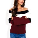 Red Large Off-Shoulder Ribbed Knit Sweater with Color Block Design and Flared Sleeves