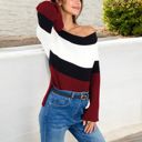 Red Large Off-Shoulder Ribbed Knit Sweater with Color Block Design and Flared Sleeves