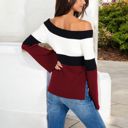 Red Large Off-Shoulder Ribbed Knit Sweater with Color Block Design and Flared Sleeves