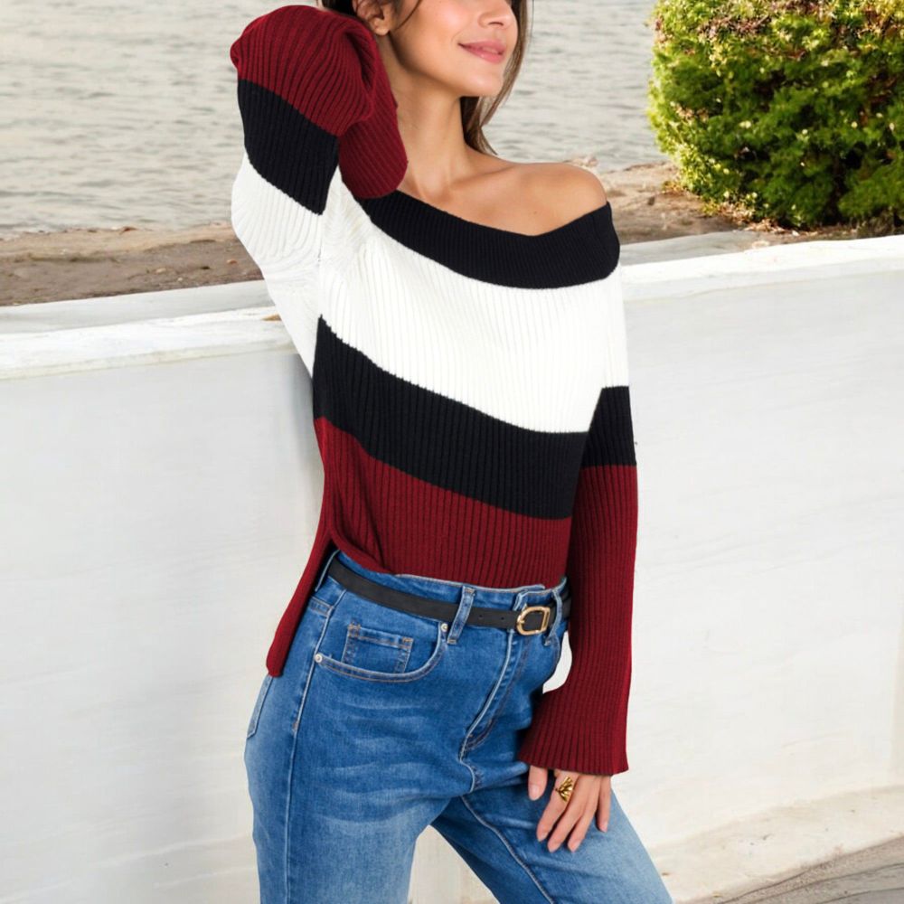 Off-Shoulder Ribbed Knit Sweater with Color Block Design and Flared Sleeves