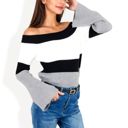 Gray Large Off-Shoulder Ribbed Knit Sweater with Color Block Design and Flared Sleeves